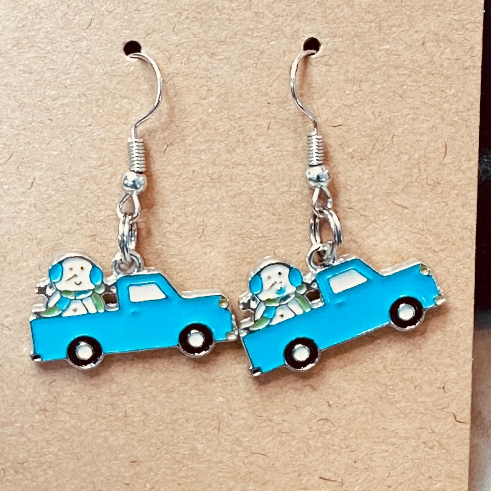 Handmade Snowman Pickup Truck Enamel Earrings Blue Christmas Stainless Hooks